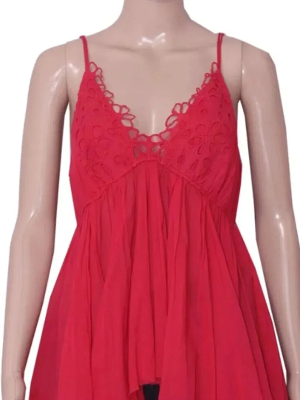 Free People FP One Casella Tunic Cherry Red Embroidered V Neck Strap Top M
